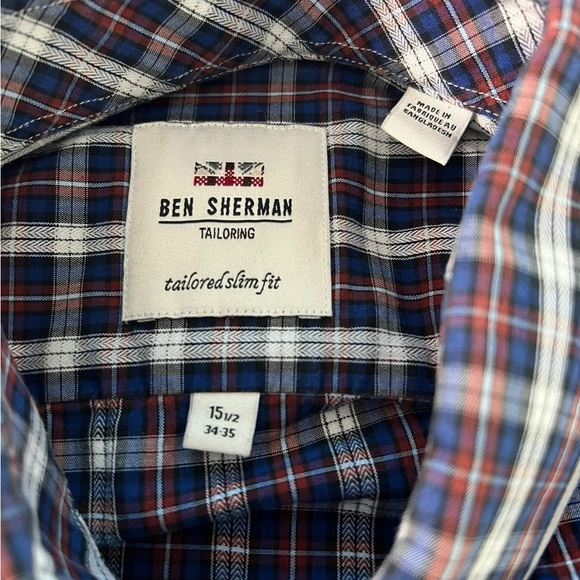 Ben Sherman Men's Blue, White and Red Plaid Tailored Slim Fit Shirt‎ 15.5 - Picture 7 of 9